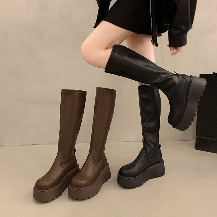 黑色复古厚底靴子女长筒靴