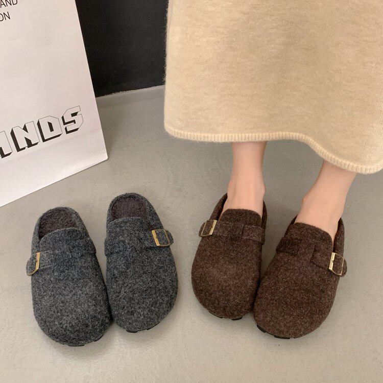 厚底包头半拖鞋外穿女2026新款秋冬加绒毛毛棉鞋保暖内增高勃肯鞋