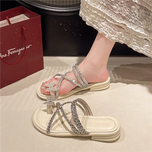 水钻蝴蝶仙女风拖鞋女平底