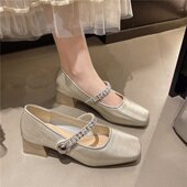 仙女鞋 方头玛丽珍女鞋 一字带水钻链浅口单鞋 粗跟时尚 2026春季 新款