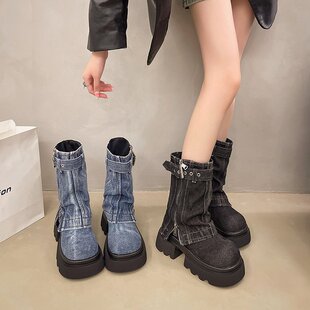 短靴女粗跟瘦瘦靴厚底增高马丁裤管靴2026年新款配裙子西部牛仔靴