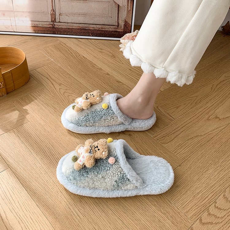 卡通可爱萌系小熊毛绒绒拖鞋女