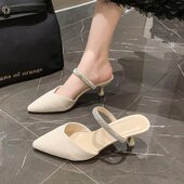 小凉拖外穿中跟尖头高跟鞋 包头半拖鞋 水钻法式 新款 细跟 女2026夏季