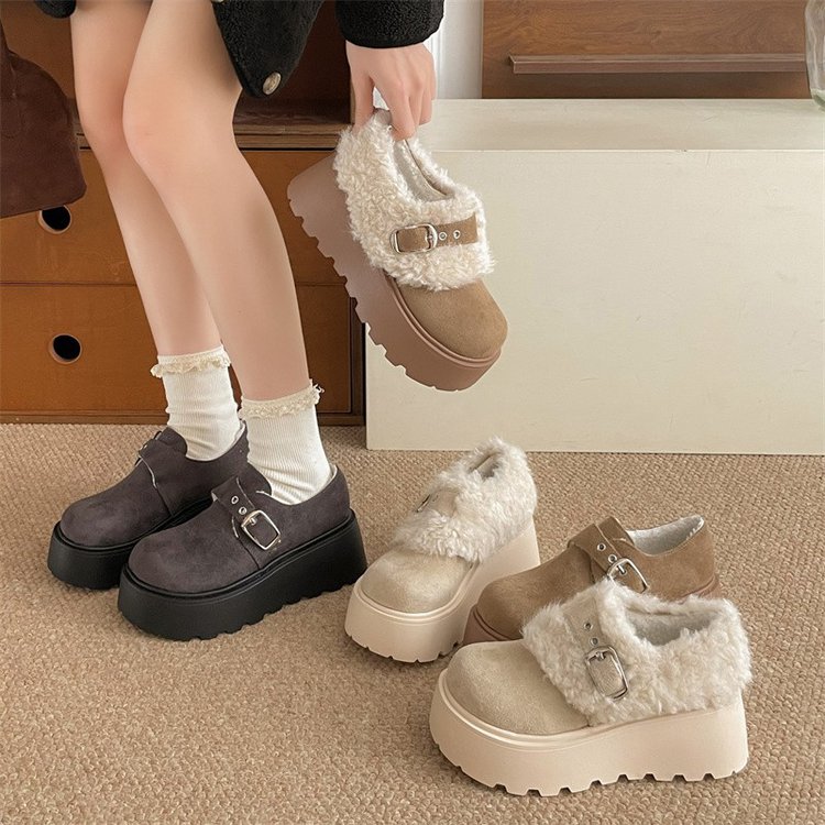 拼接毛毛搭扣厚底增高勃肯鞋
