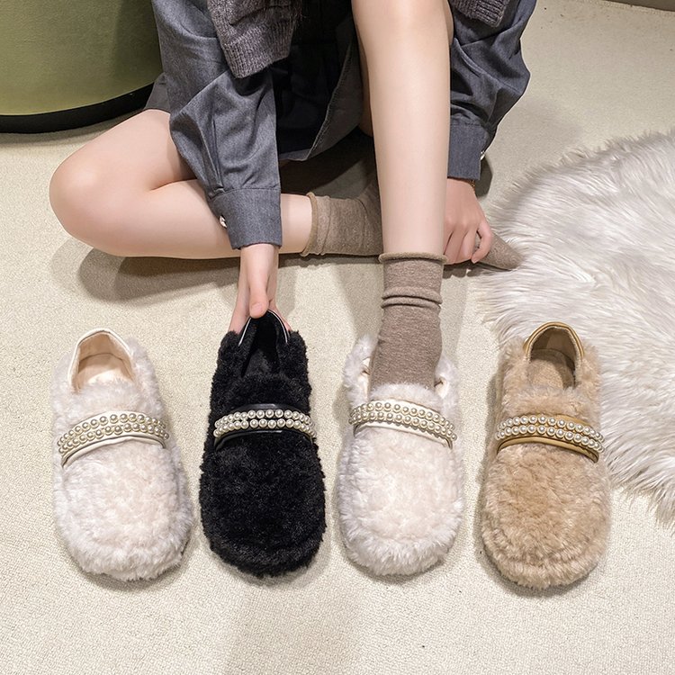 法式珍珠厚底毛毛鞋女鞋子外穿