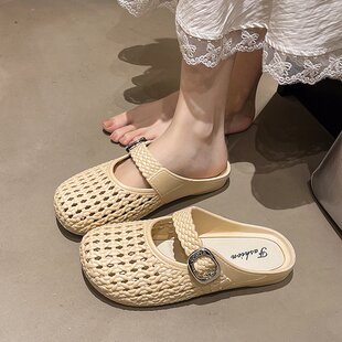 法式编织包头半拖鞋女夏外穿镂空网面透气软底玛丽风凉拖洞洞新款