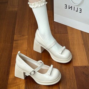 气质配裙子白色玛丽珍小皮鞋女2026春秋新款法式蝴蝶结粗跟高跟鞋