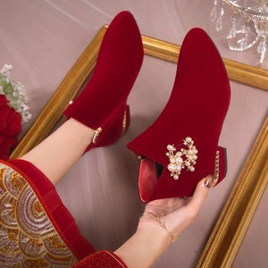 婚鞋秋季短靴中式红色秀禾高跟女