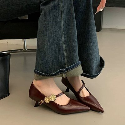 法式尖头通勤黑色高跟小众单鞋女2025春夏季玛丽珍粗跟晚晚小皮鞋