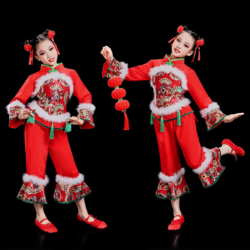 女童中国风开门红扇子舞演出服