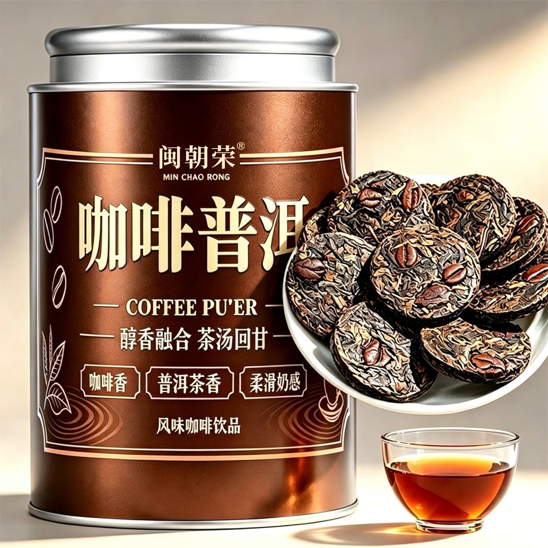 闽朝荣咖啡普洱浓香型经典茶小饼茶普洱熟茶咖啡豆咖啡茶冷热双泡