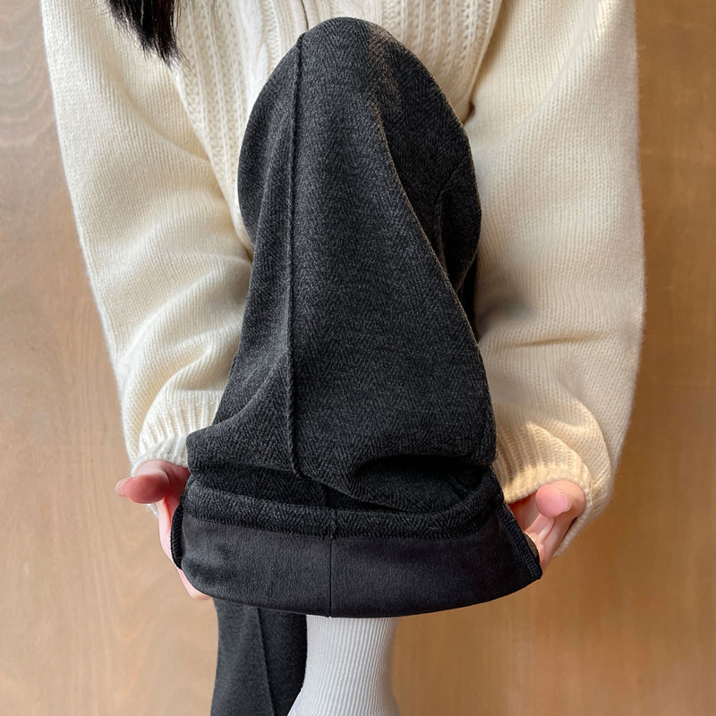 大码胖mm人字纹毛呢阔腿裤女加绒