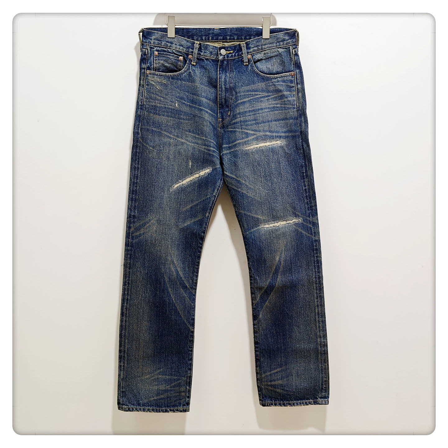 C3潮流 HEXAGON 小破坏蓝色水洗 赤耳丹宁牛仔裤 宽松直筒 男装