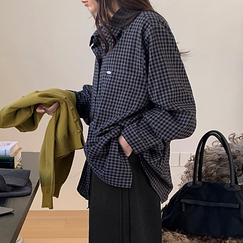 韩国特大码女装胖mm冬装新品时尚时尚小格纹翻领宽松休闲衬衫1225