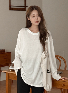 韩国代购特大码女装胖mm秋装新品时尚纯色圆领宽松长袖休闲T恤905