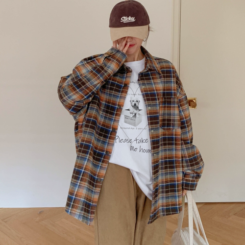 韩国特大码女装胖mm冬装新品时尚格纹单口袋宽松长袖加厚衬衫1220