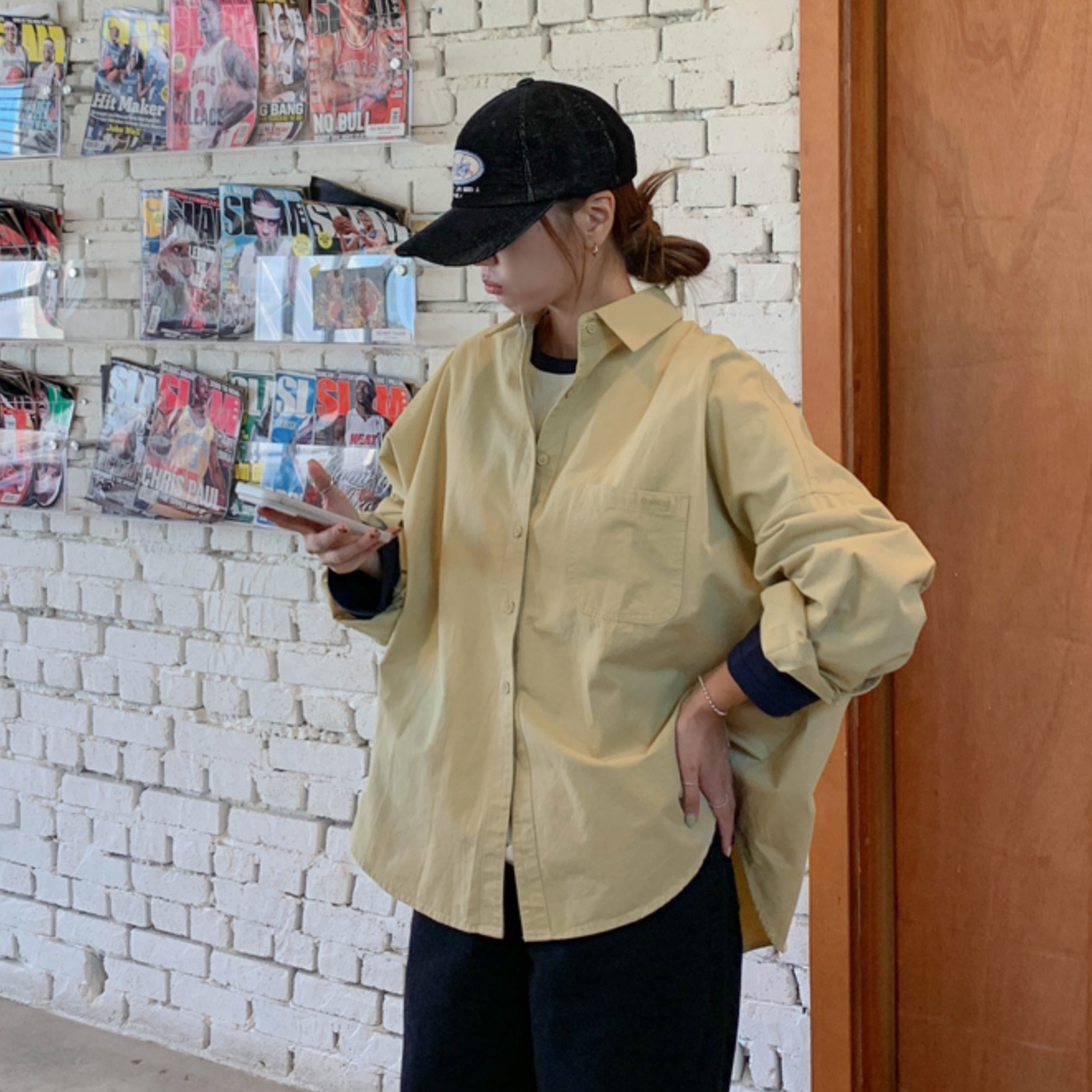 韩国特大码女装胖mm秋装新品时尚纯色单口袋宽松长袖休闲衬衫1010
