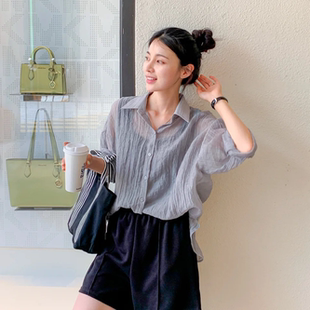 女装 新品 韩国特大码 胖mm夏装 720 靓丽纯色甜美半透视宽松长袖 衬衫