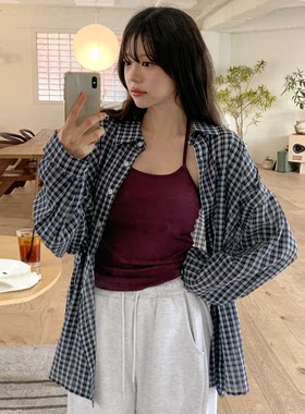 韩国代购特大码女装胖mm夏装新品时尚格纹翻领宽松长袖薄衬衫714