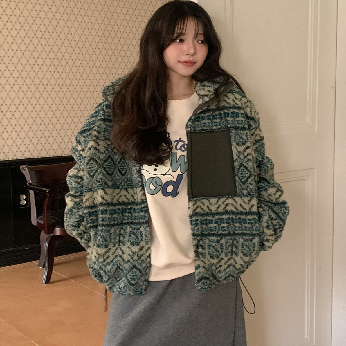 韩国代购大码女装胖mm冬装新品时尚纹样拼色口袋立领毛绒外套1225