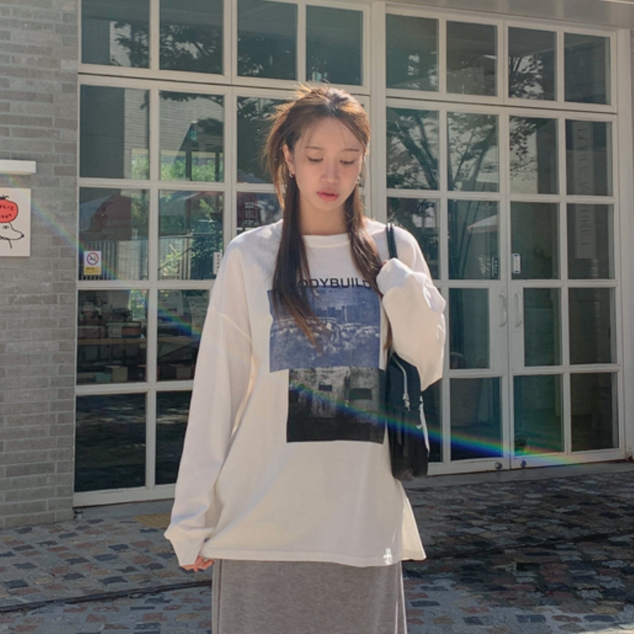 韩国代购大码女装胖mm秋装新品时尚图案圆领宽松长袖休闲T恤1013