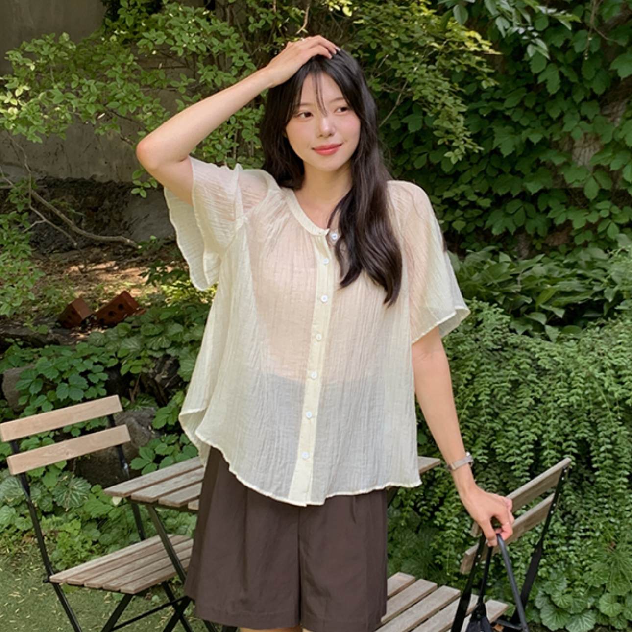 韩国特大码女装胖mm夏装新品靓丽气质纯色半透视通勤短袖衬衫712