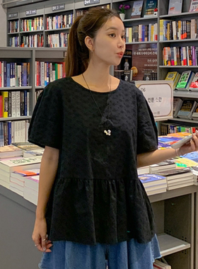 韩国特大码女装胖mm夏装新品靓丽纯色小刺绣花纹圆领套头衬衫730