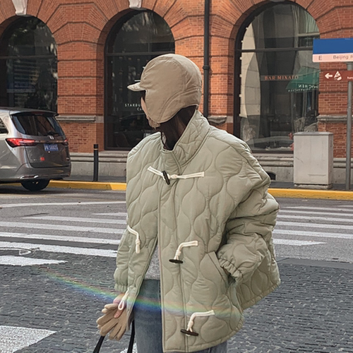 韩国特大码女装胖mm冬装新品时尚纯色立领牛角扣宽松休闲棉衣1218