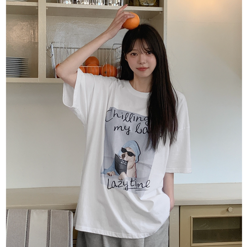 韩国代购特大码女装胖mm春装新品可爱狗狗图案宽松短袖休闲T恤330