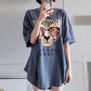 韩国特大码女装胖mm夏装新品时尚卡通花豹图案宽松短袖休闲T恤713