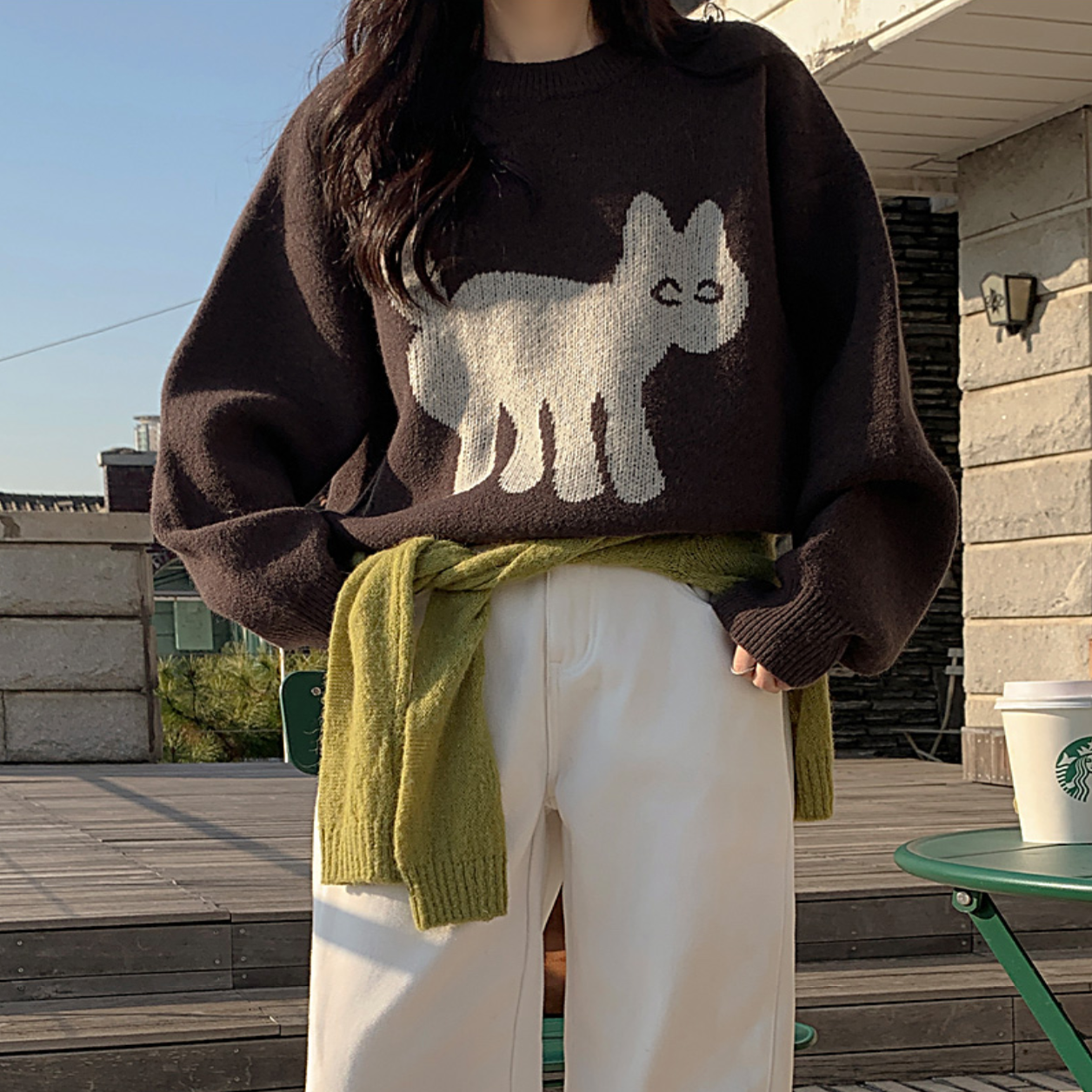 韩国代购大码女装胖mm冬装新品可爱卡通猫咪图案舒适针织毛衣1202
