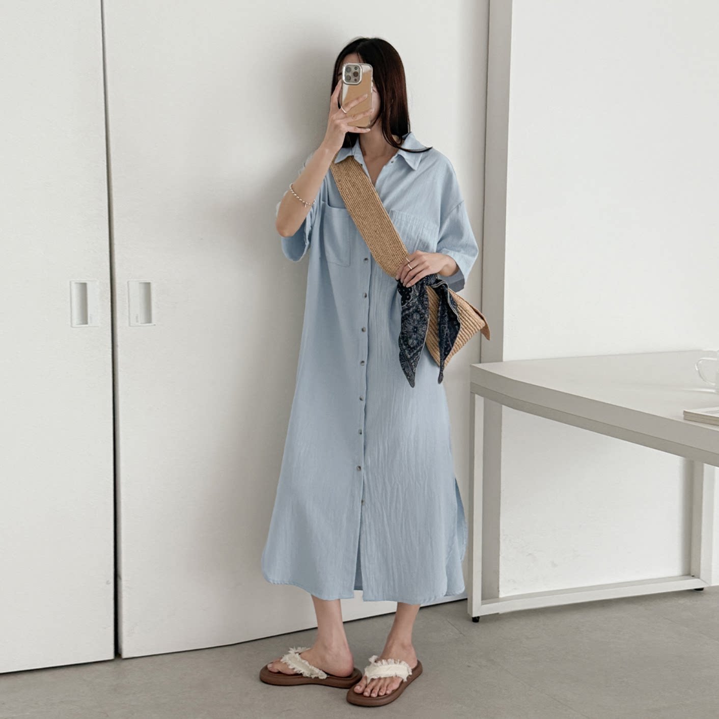 韩国代购大码女装胖mm夏装新品时尚纯色双口袋翻领短袖衬衫裙717