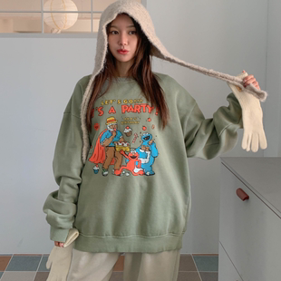 新品 韩国代购 胖mm冬装 女装 可爱卡通图案薄绒休闲卫衣1221 特大码