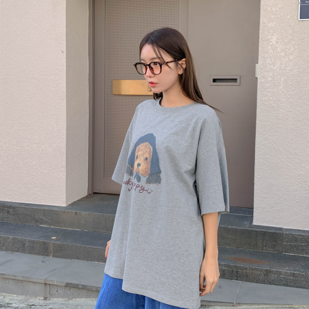 韩国大码女装胖mm冬装新品可爱卡通狗狗图案宽松短袖休闲T恤1122