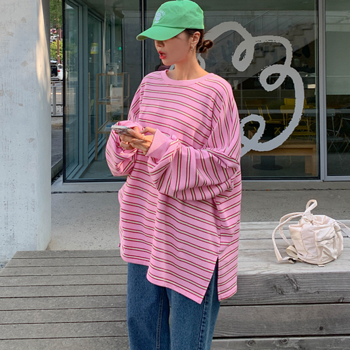 韩国特大码女装胖mm秋装新品靓丽条纹圆领侧开叉宽松长袖T恤1018