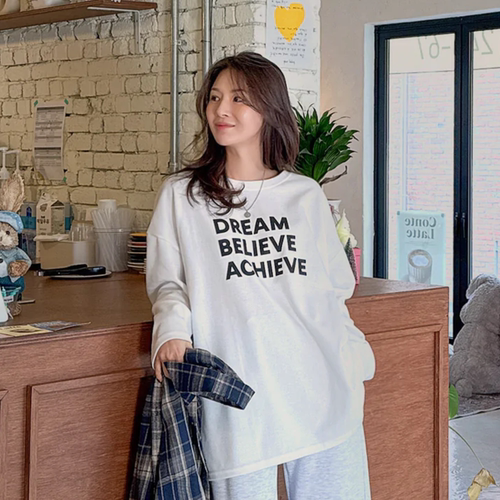韩国特大码女装胖mm春装新品时尚字母图案圆领宽松长袖休闲T恤402