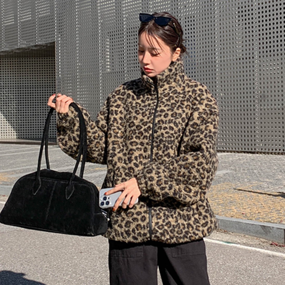 韩国代购大码女装胖mm冬装新品时尚豹纹拉链立领宽松休闲外套1118