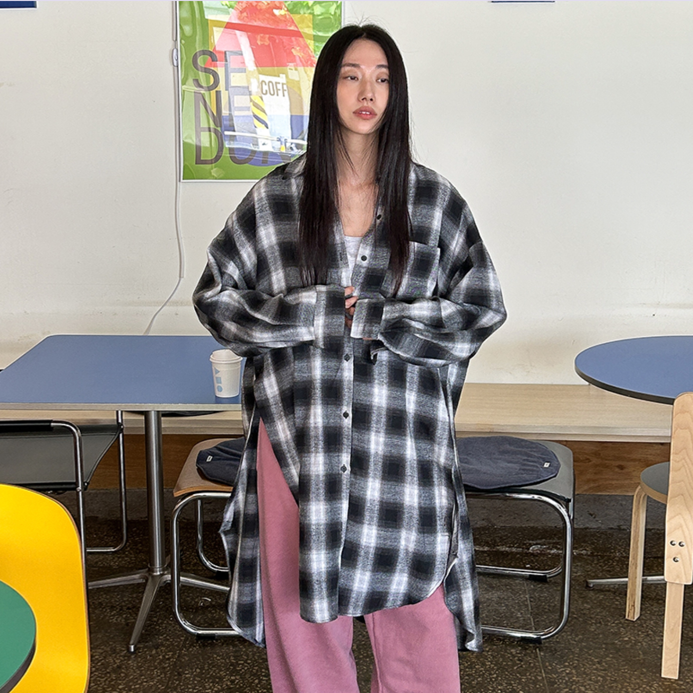韩国特大码女装胖mm秋装新品时尚格纹侧开叉宽松长款休闲衬衫1005