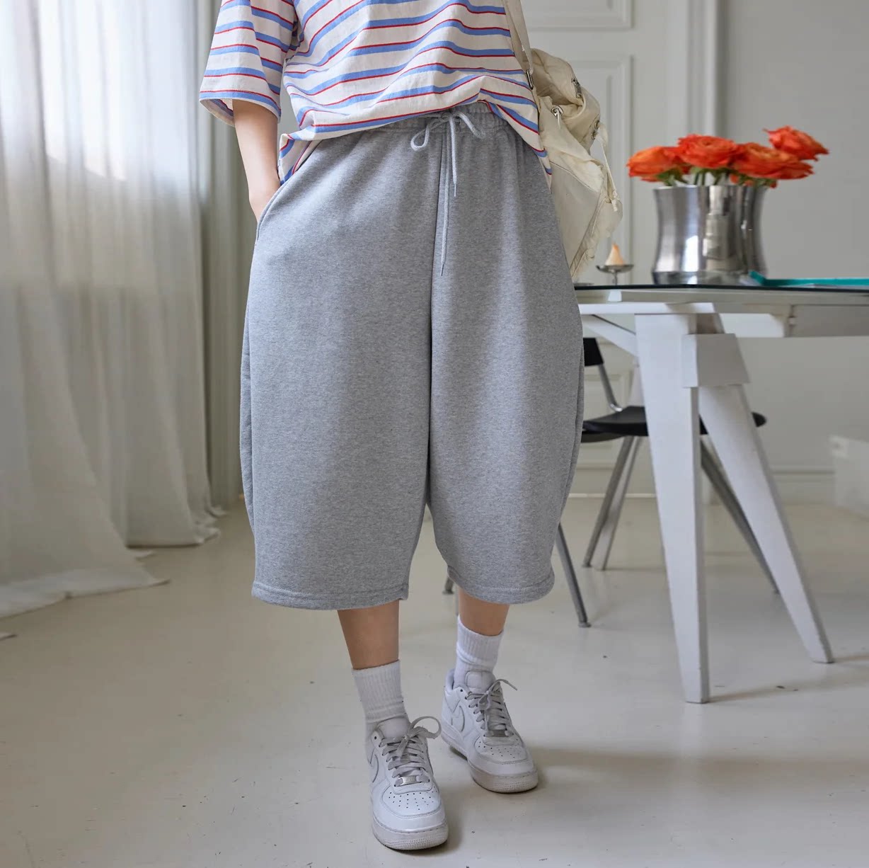 韩国特大码女装胖mm夏装新品简约纯色系带松紧腰宽松休闲短裤414