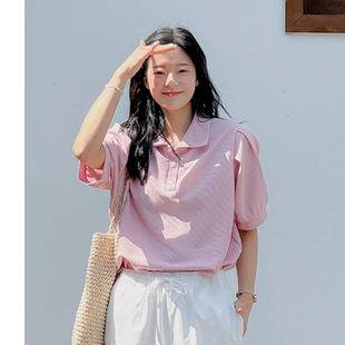 新品 韩国特大码 女装 胖mm春装 T恤0326 靓丽纯色半开襟翻领宽松短袖