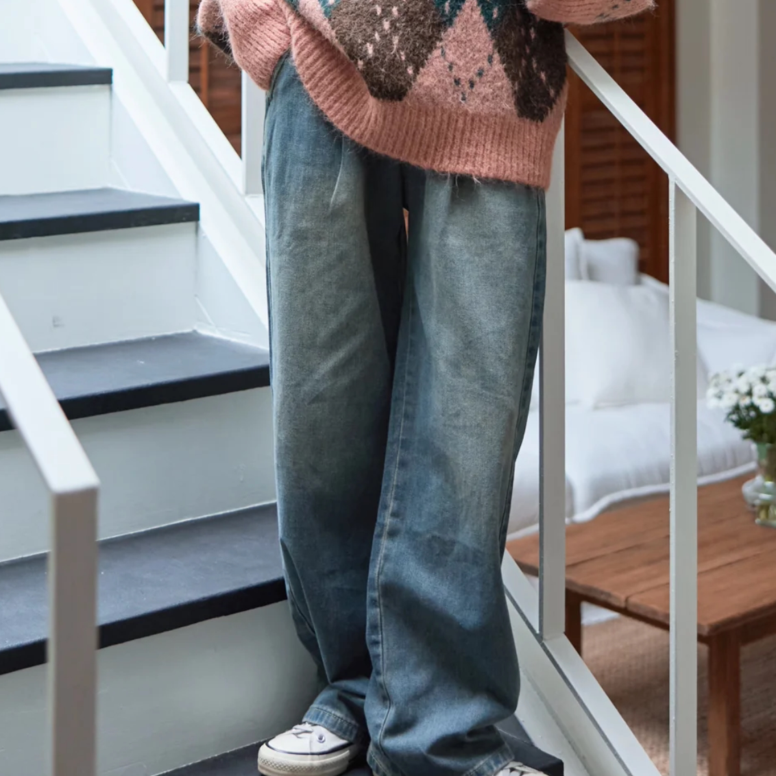 韩国特大码女装胖mm秋装新品时尚磨白中腰宽松直筒休闲牛仔裤1018