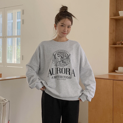 韩国代购大码女装胖mm春装新品时尚人物字母徽标图案休闲卫衣0304