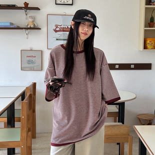 胖mm春装 女装 新品 时尚 休闲T恤322 韩国代购 拼色边圆领宽松短袖 大码