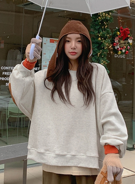 韩国代购大码女装胖mm冬装新品时尚补丁装饰长袖加绒保暖卫衣1021