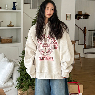 时尚 韩国特大码 新品 胖mm冬装 徽标图案宽松薄绒休闲卫衣1222 女装