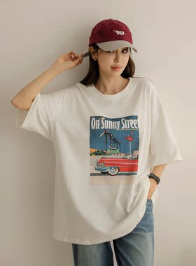 韩国特大码女装胖mm夏装新品时尚卡通汽车城市风景宽松休闲T恤718