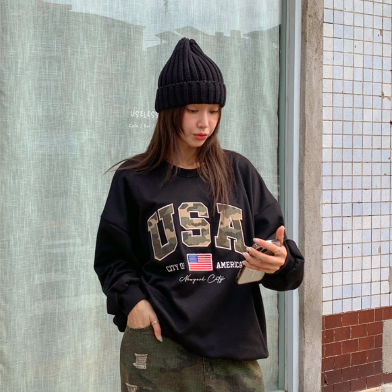 韩国特大码女装胖mm秋装新品时尚USA字母圆领宽松长袖休闲卫衣106