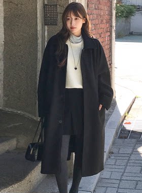 韩国代购大码女装胖mm秋装新品时尚纯色翻领长款经典羊毛呢外套10