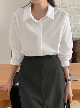 韩国代购大码女装胖mm秋装新品靓丽纯色翻领宽松长袖休闲衬衫905