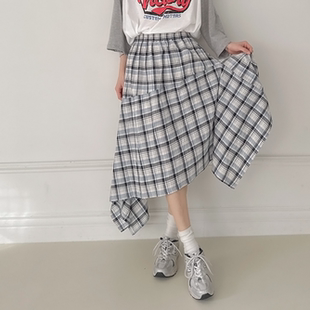 靓丽格纹松紧腰斜拼时尚 韩国大码 新品 胖mm春装 A字裙半裙0320 女装